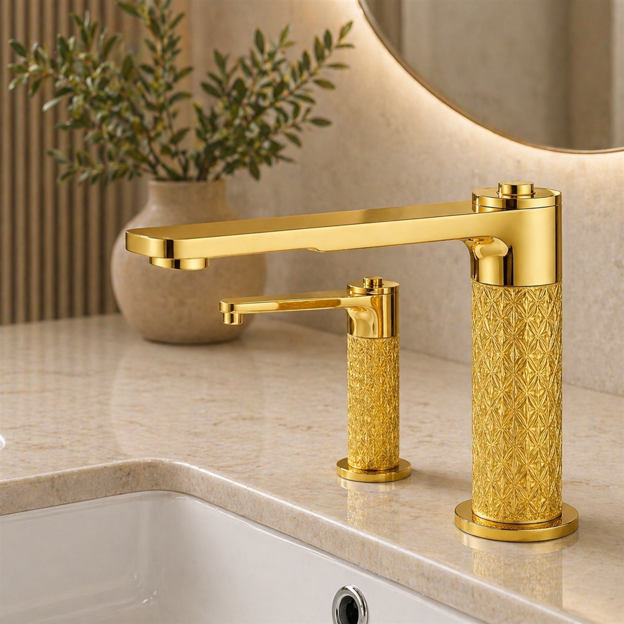 Commercial restroom fixture in bronze with verdigris highlights